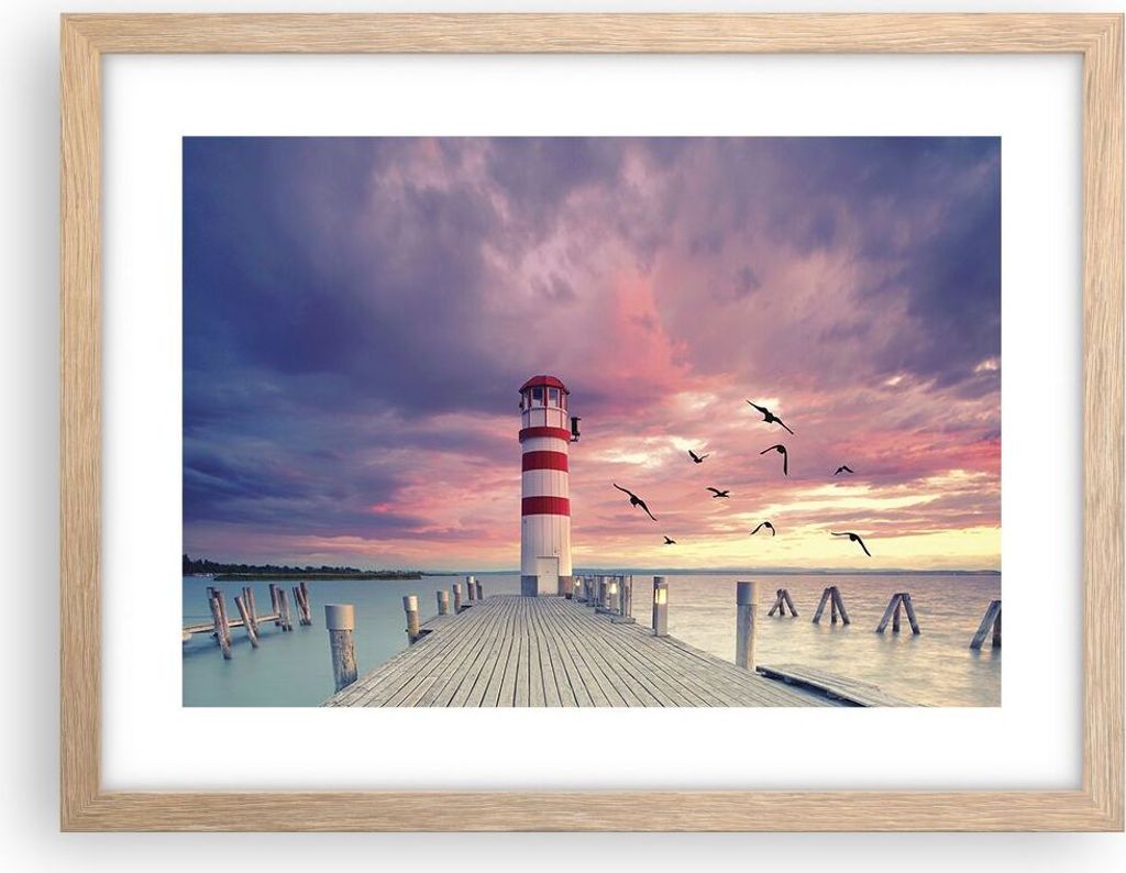 Gerahmtes Poster - Rahmen in heller Eiche - Laterne Meer Küste - 40x30 cm - Wand Bild - Wanddeko - Wandbilder - Kunstposter - Wandposter - Bilderr...