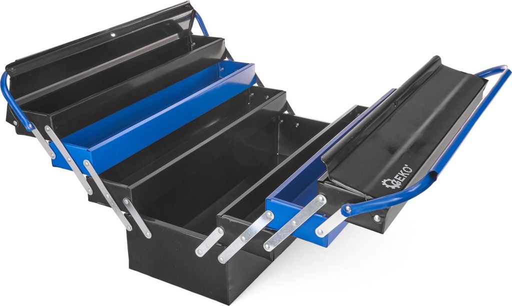 An open, multi-tiered metal toolbox with blue accents, displayed against a white background.