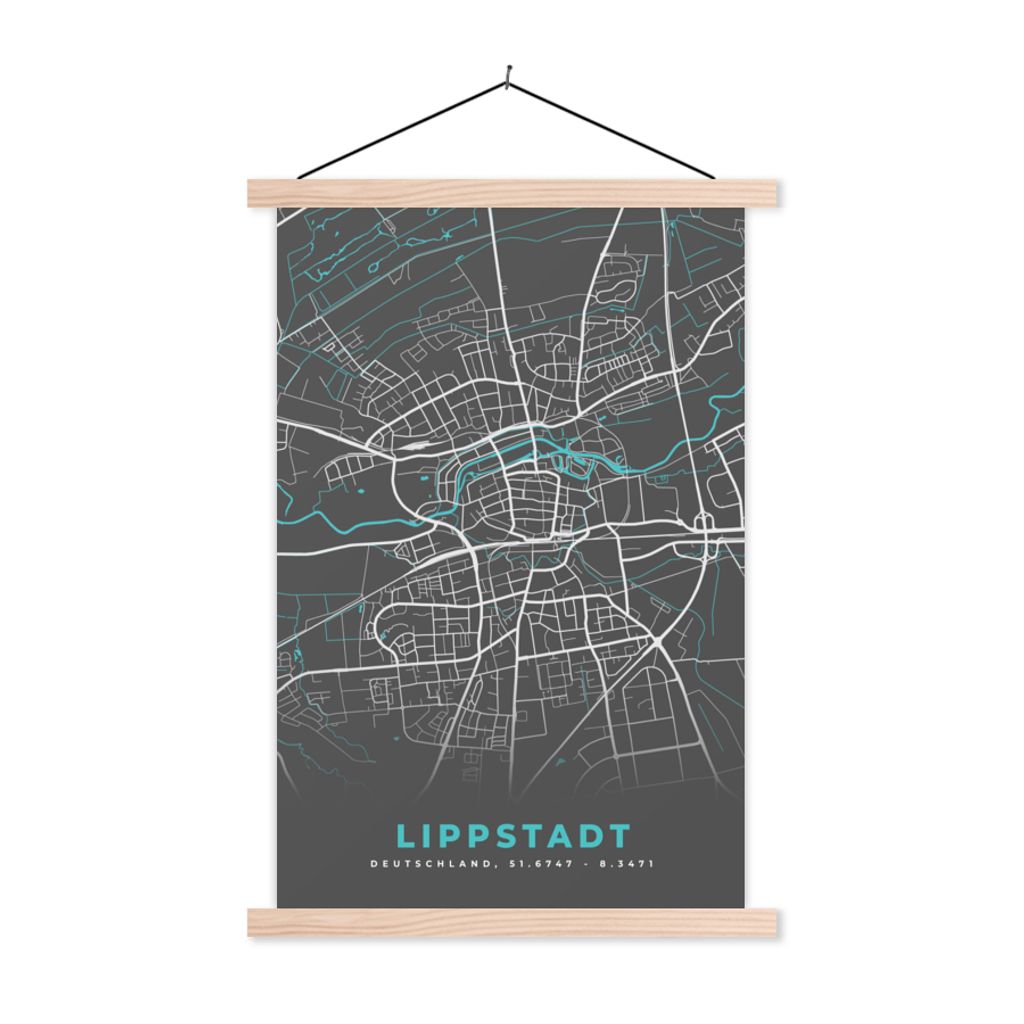 MuchoWow Textilposter Karte - Stadtplan - Lippstadt - Deutschland - Blau 120x180 cm mit holzfarbenen Rahmen - Textil-Plakat