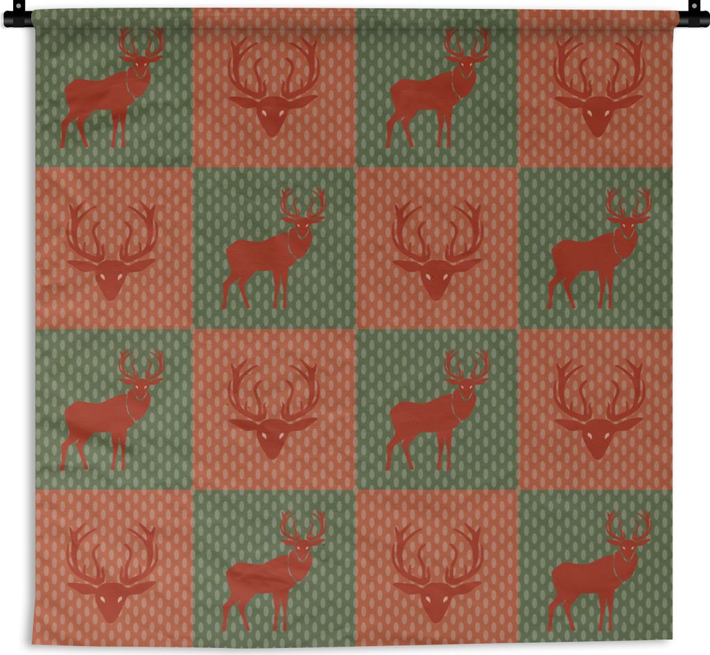 MuchoWow Wandteppich Wandbehang Muster - Hirsche - Grün - Rot 150x150 cm Tapisserie Dekoration Wandtuch - Wohnaccessoires - Modernes
