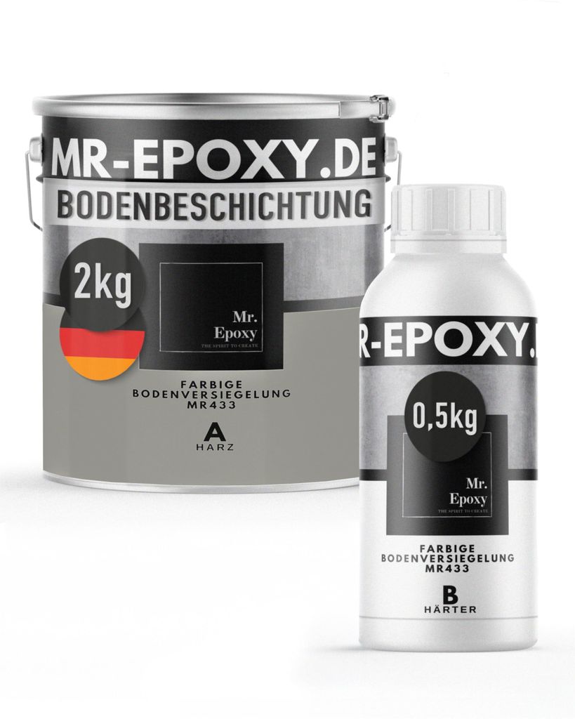 Mr. Epoxy Epoxidharz Bodenbeschichtung (2,5 kg, RAL 7030 Steingrau) - 2K Betonfarbe für Garagen, Keller & Werkstatt Boden - Flüssigkunststoff Epo...