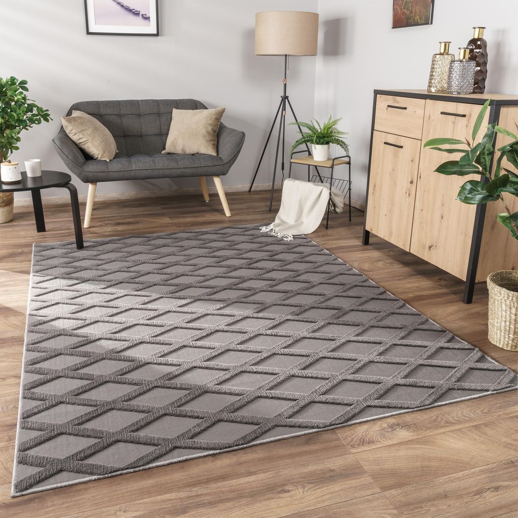 Teppich Wohnzimmer Schlafzimmer Kurzflor Boho Skandi Raute Produktbild 