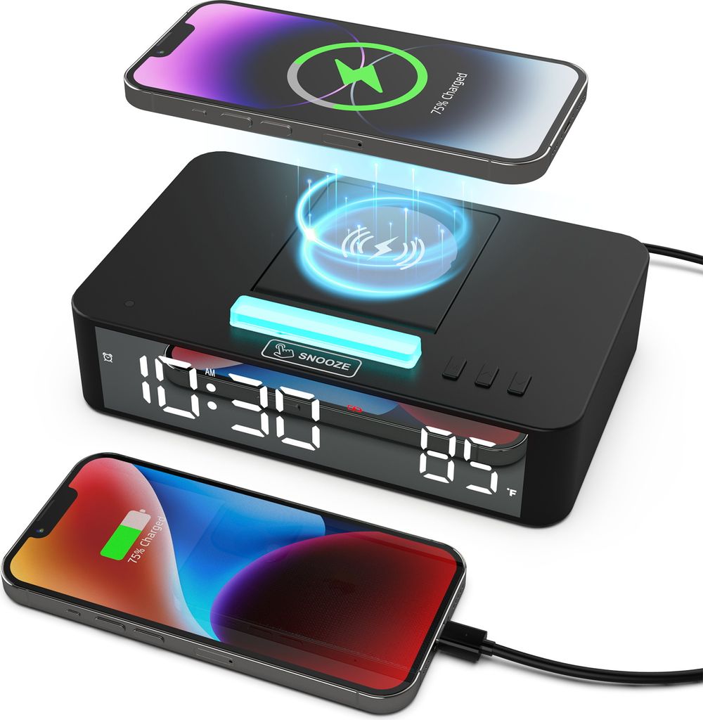 Multifunktionaler LED-Spiegel-Digitalwecker, elektronische Desktop-Uhr mit RGB-Umgebungslicht, Schlummermodus, Temperaturanzeige, 10 W kabellose La...