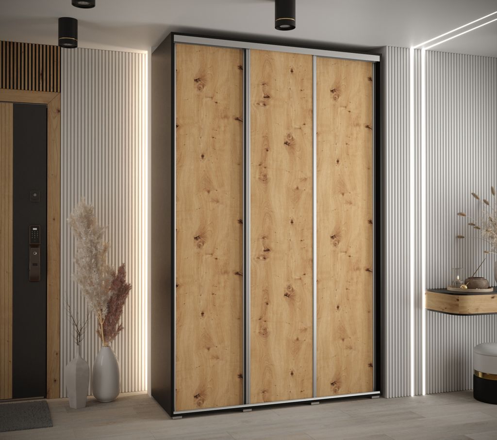 Kleiderschrank ASIRI 1 - 150/60 cm, Schwarz / Artisan-Eiche / Silber