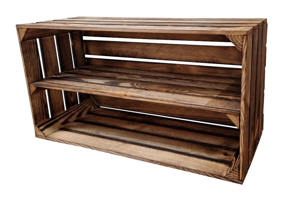 A wooden crate with two shelves, presented against a white background.