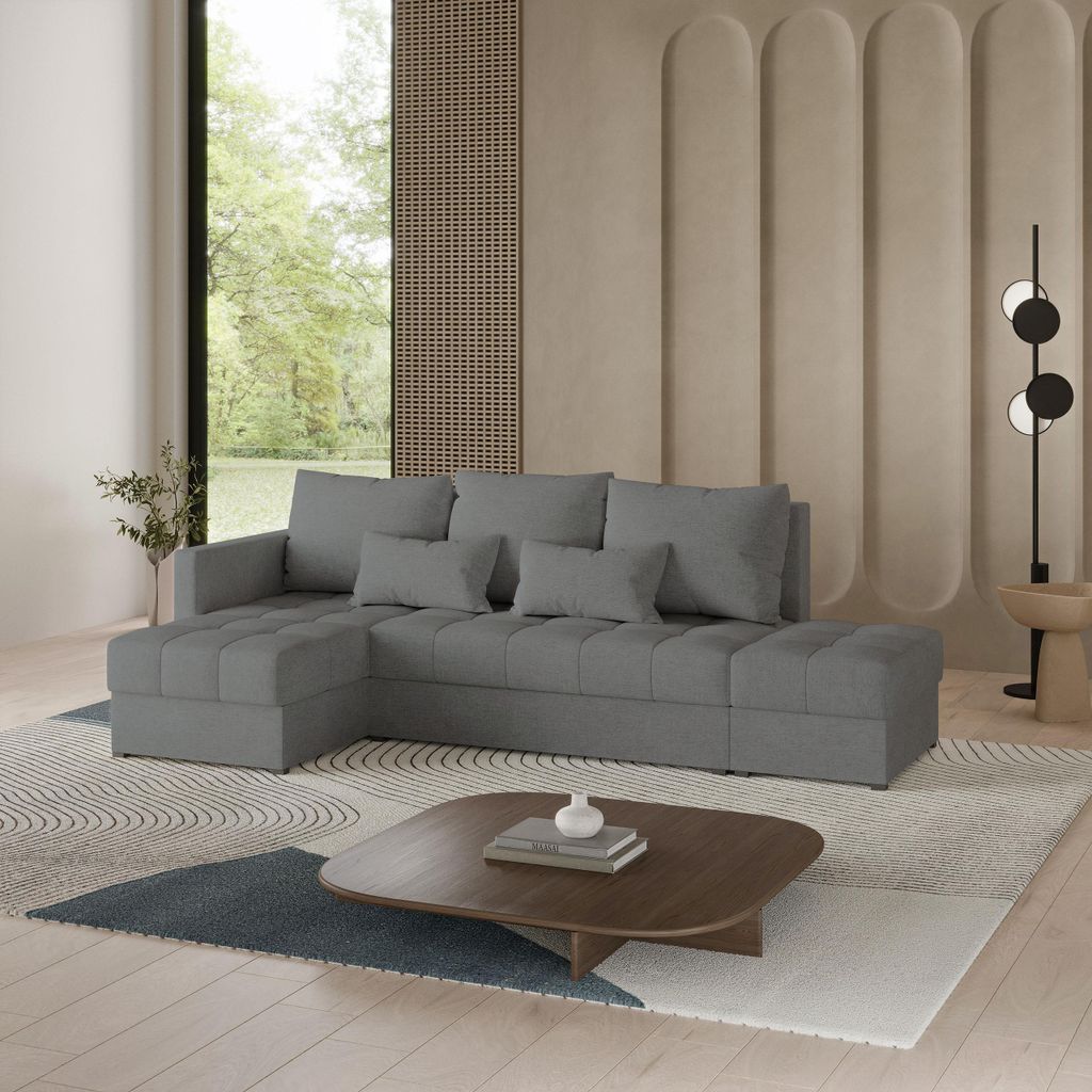 Masseno Ecksofa LUMARI L-S mit Schlaffunktion L-Form, Sofa mit Bettkasten, Wohnzimmersofa, Couch, Soffa, Bettsofa, Couchgarnitur- Grau, NEVE 90