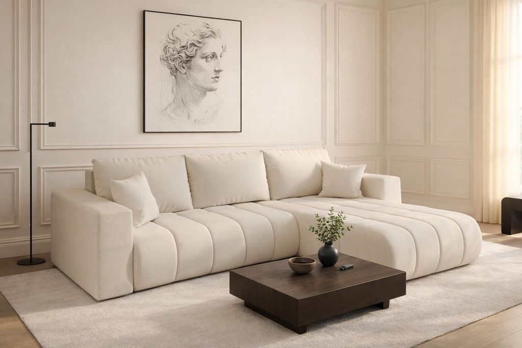 Kaiser Möbel Ecksofa mit schlaffunktion und bettkasten MILO PREMIUM, stoff WIND, Ecru, Rechts