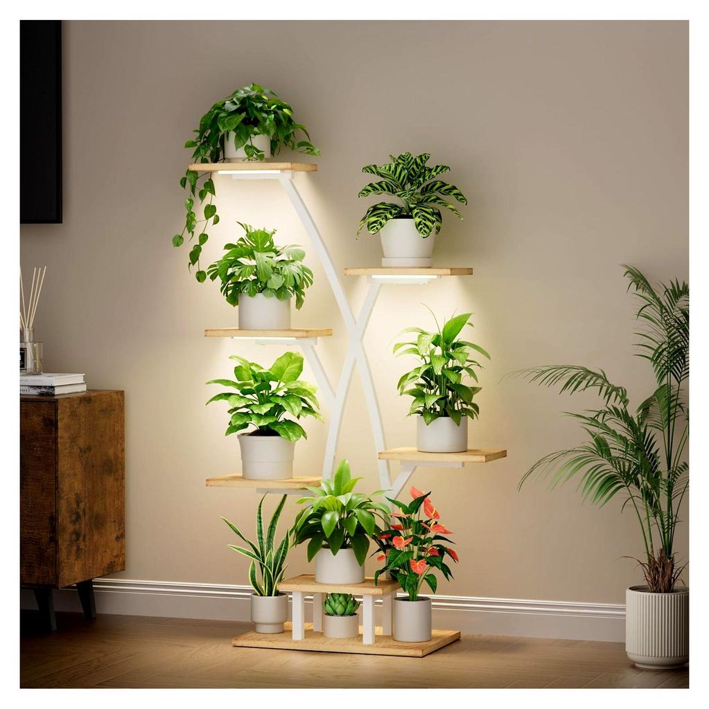 Pflanzenständer mit Wachstumslicht - 7-stöckiger Blumenständer 105 cm aus Metall und Holz - Blumentreppe für Innen- und Außenbereich - Dekorat...