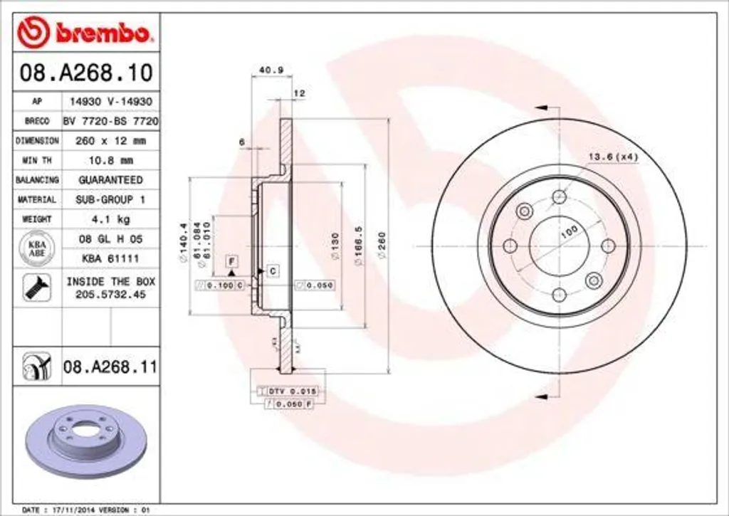 Disque de frein Brembo 08.A268.11 pour Twingo II et Smart Fortwo 453