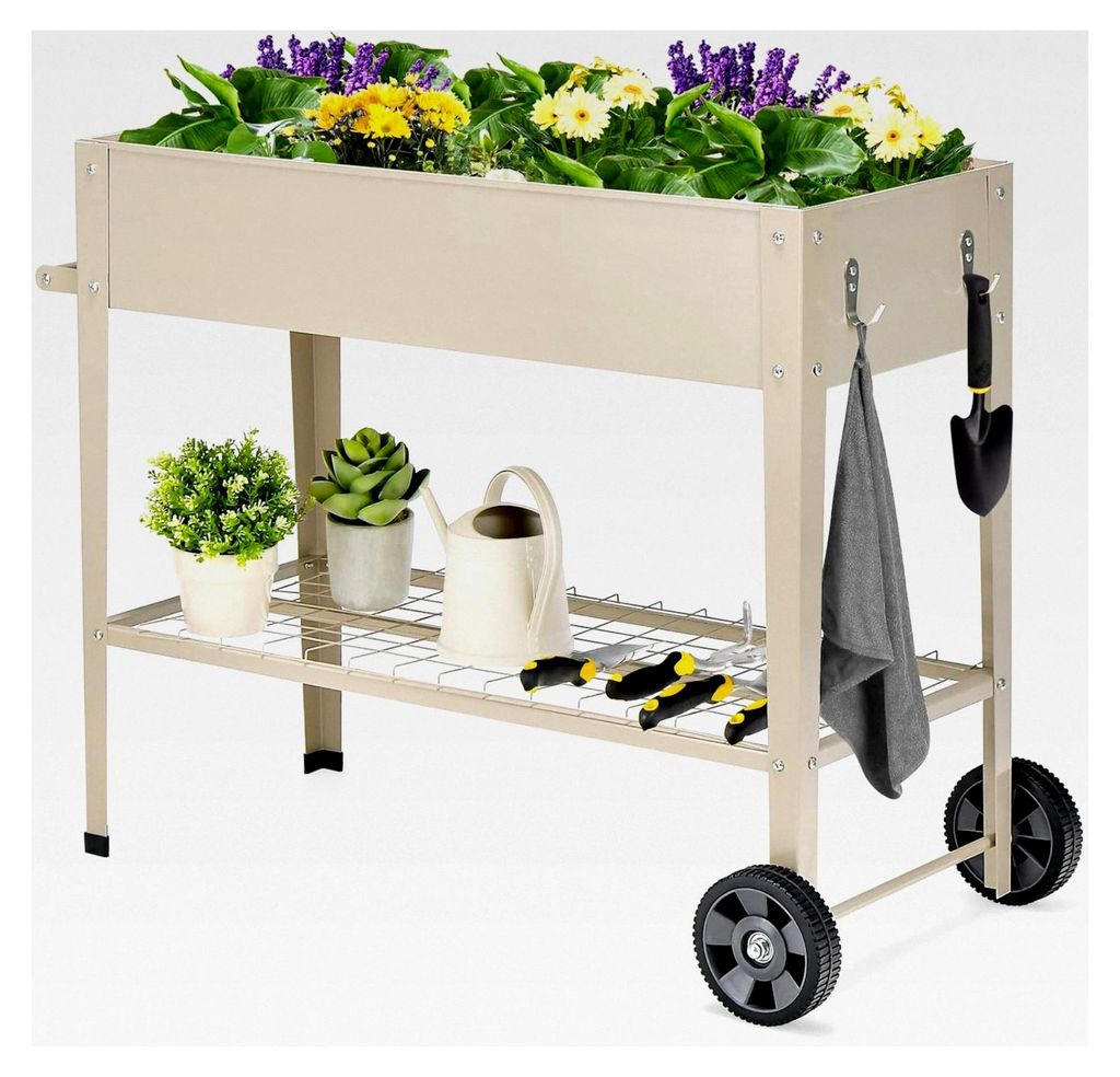 Metallhochbeet, Erhöhtes Gartenbeet mit 2 Rollen und Ablage, Pflanzkasten mit Haken und Griff, Kräuter- und Gemüsebeet groß, für Balkon, Garte...