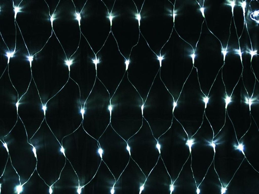 A close-up, full-frame shot of a net of white LED lights against a black background.