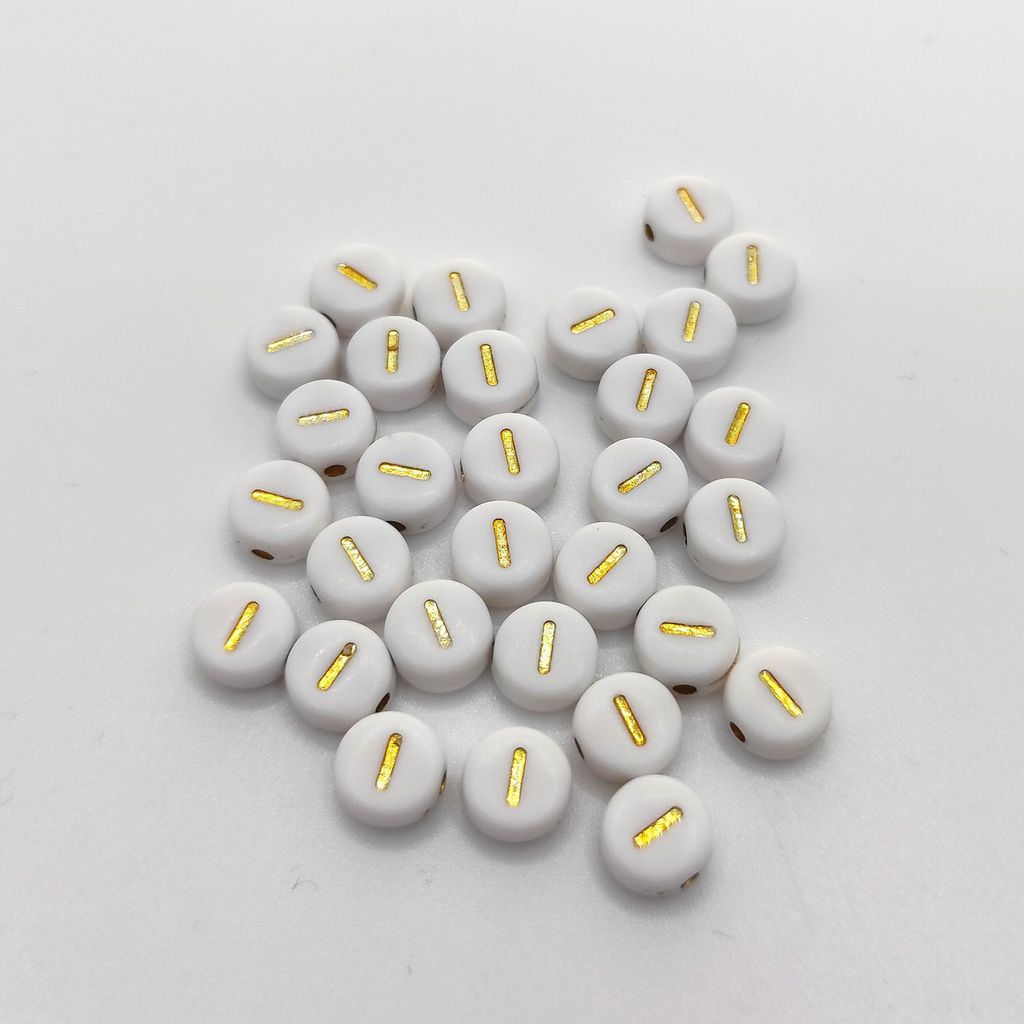 Buchstaben Perlen, 30 Stück, 4x7 mm, gold mit weiß, rund, Produktbild 