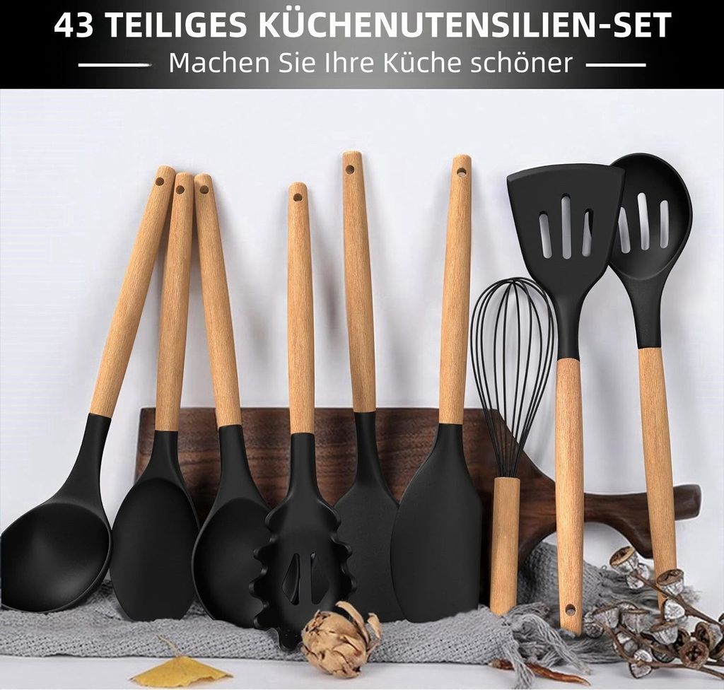 AIKKIL 30-teiliges Silikon-Kochutensilien-Set - Hitzebeständig Bis 230°C, Mit Halter & Edelstahlgriff