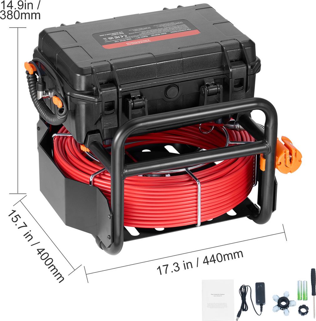 A pipe inspection camera system with a case, coiled cable, and a monitor/control unit.