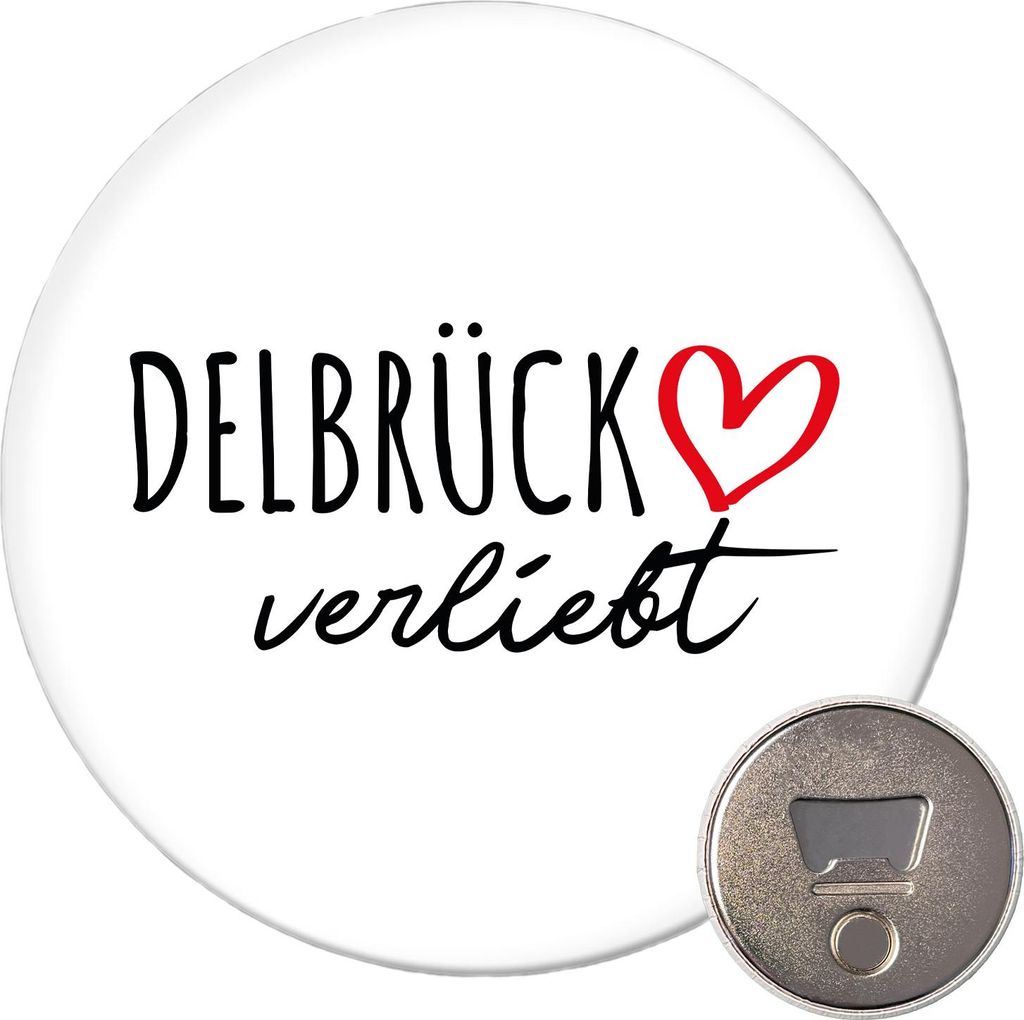 Huuraa Magnet Delbrück verliebt 59mm Kühlschrankmagnet rund Flaschenöffner Geschenkidee