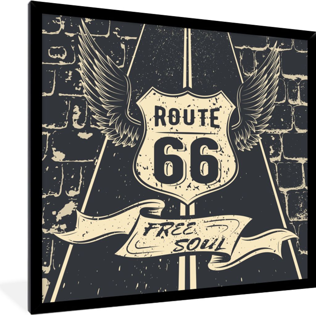 MuchoWow MuchoWow Gerahmtes Poster Route 66 - Vintage - Schwarz - Weiß 40x40 cm - Poster mit zchwarzem Bilderrahmen - Mit Rahmen - Wanddekorat...