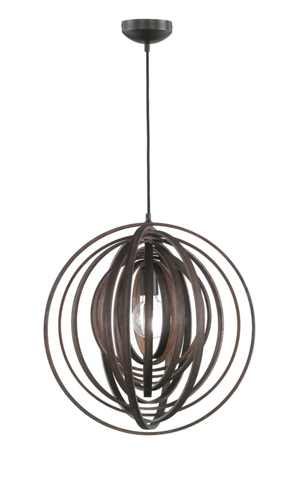 A pendant light fixture with a spherical, layered design made of wood-like material.