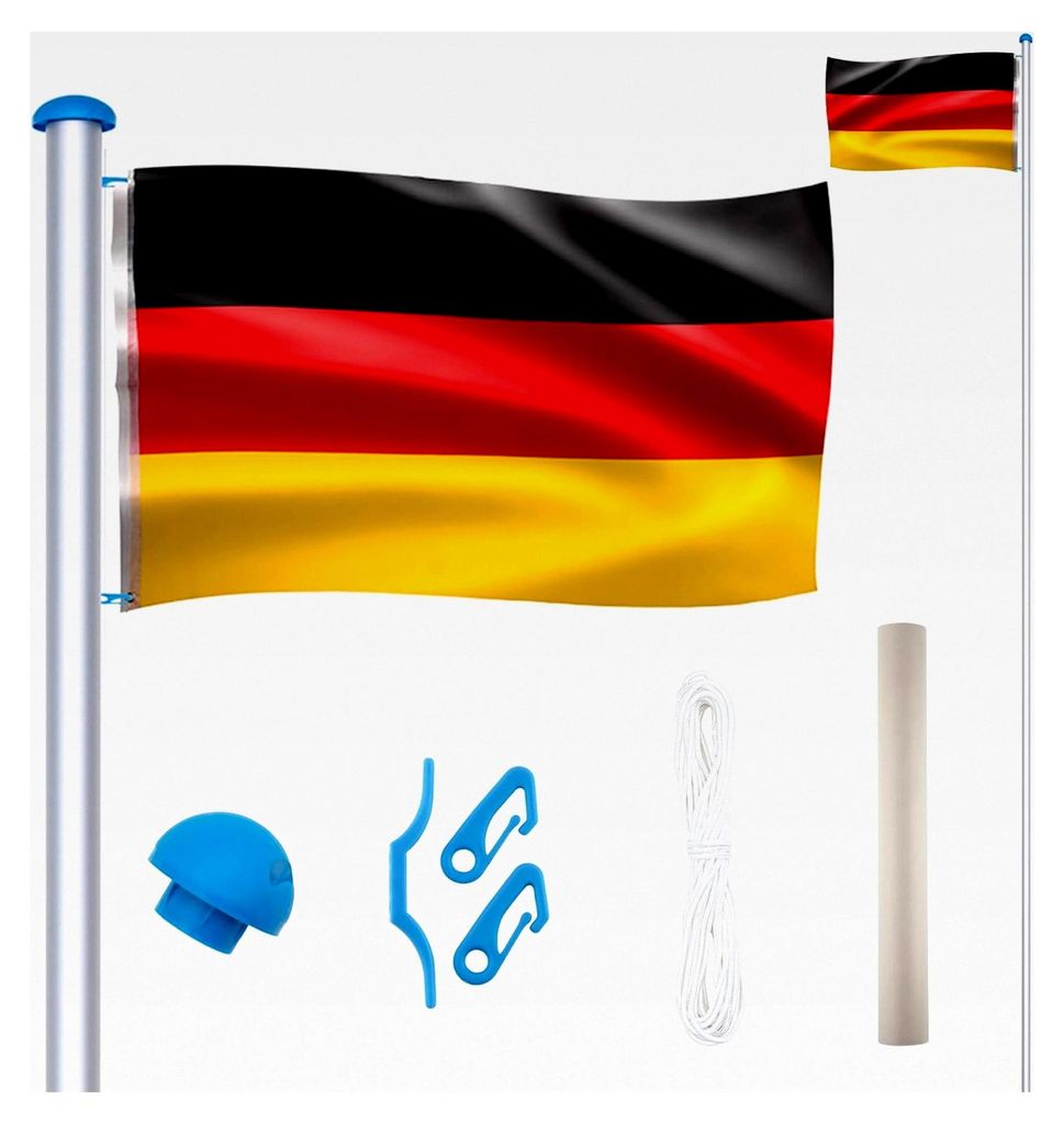 Aluminium Fahnenmast 6,5m höhenverstellbar mit Deutschlandfahne und Bodenhülse für Balkon und Garten