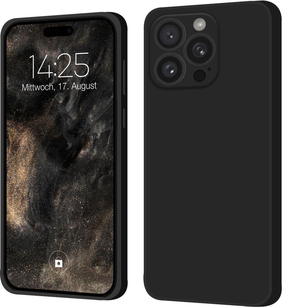 A product shot of a black phone case, shown from the front and back, with a phone inside the front view.