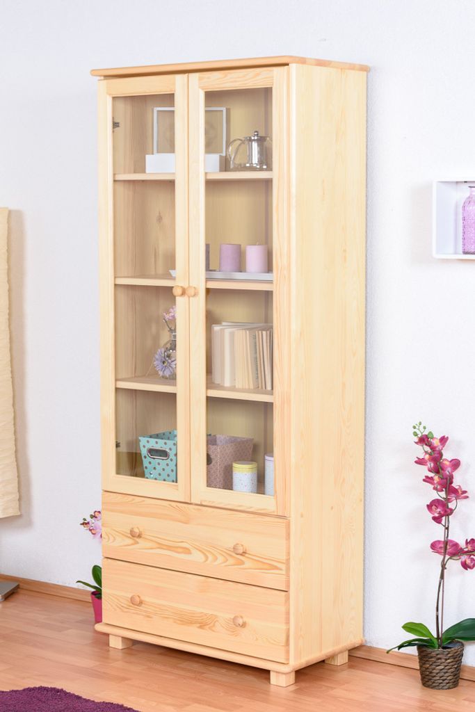 Regalschrank, Vitrine, 80 cm breit, Kiefer Holz-Massiv, Optik: Natur