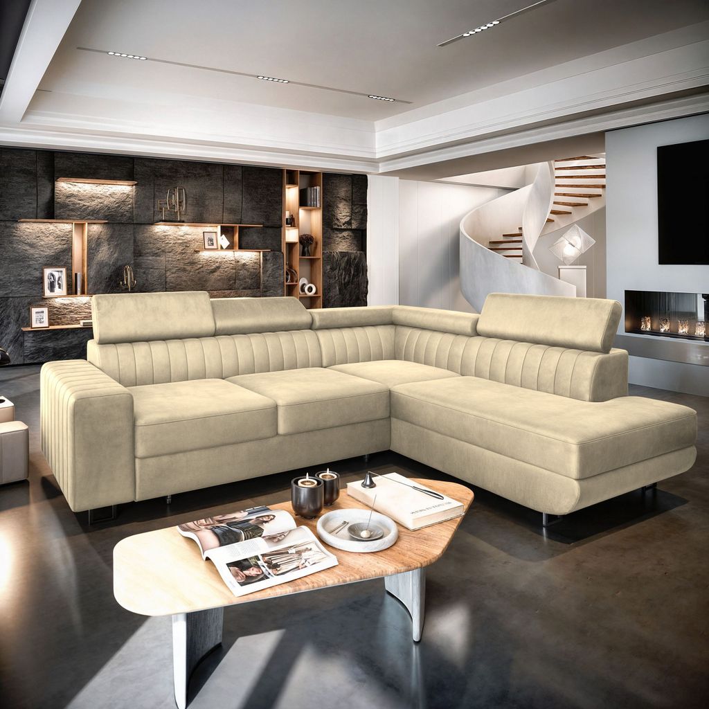A cream-colored sectional sofa in a modern living room with a spiral staircase and fireplace in the background.