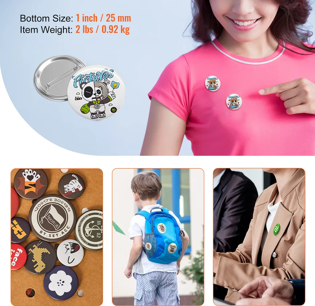 SucceBuy 500 set di parti di bottoni con retro a spillo da 1 pollice/25 mm per macchine per la creazione di bottoni, parti di bottoni rotondi fai da te con parte superiore in metallo, plastica/metallo, pellicola trasparente e carta bianca - 7