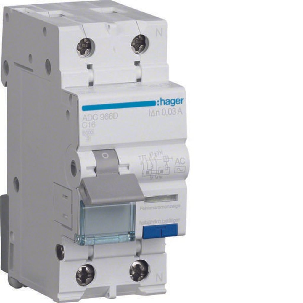 HAGER RCBO Fehlerstrom-/Leitungsschutzschalter 1P+N 6kA C16A 30mA Typ AC ADC966D