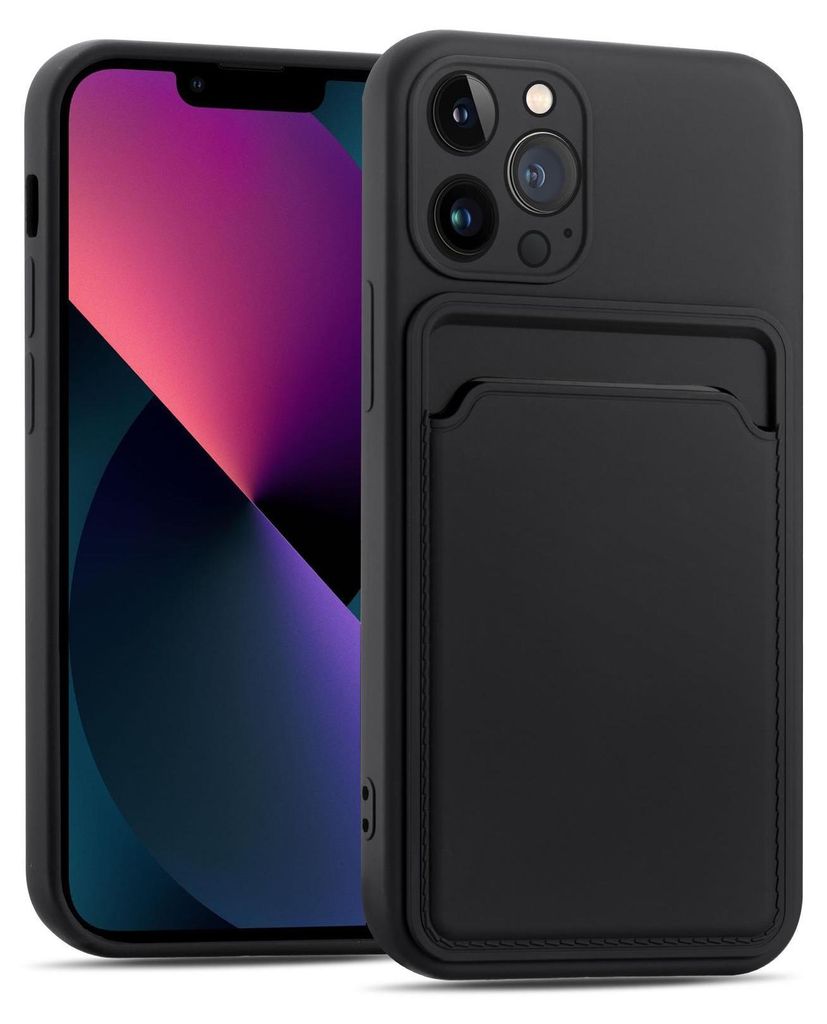 A black iPhone case with a card slot is shown on a black background.