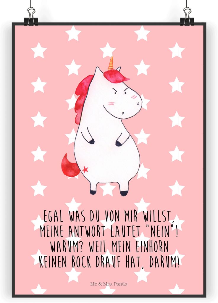 Mr. & Mrs. Panda Bild Einhorn Wut DIN A4 - Rot Pastell - Geschenk, drucke, Wandbild, Plakat, wanddeko, Lustig, Wandschmuck, Nein, Dumme Fragen, Arb...