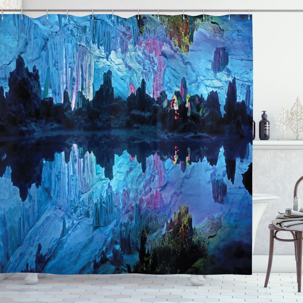 ABAKUHAUS Blau Duschvorhang, Reed Zisterne Cave, Wasser Blickdicht inkl.12 Ringe Langhaltig Bakterie und Schimmel Resistent, 175 x 240 cm, Blau