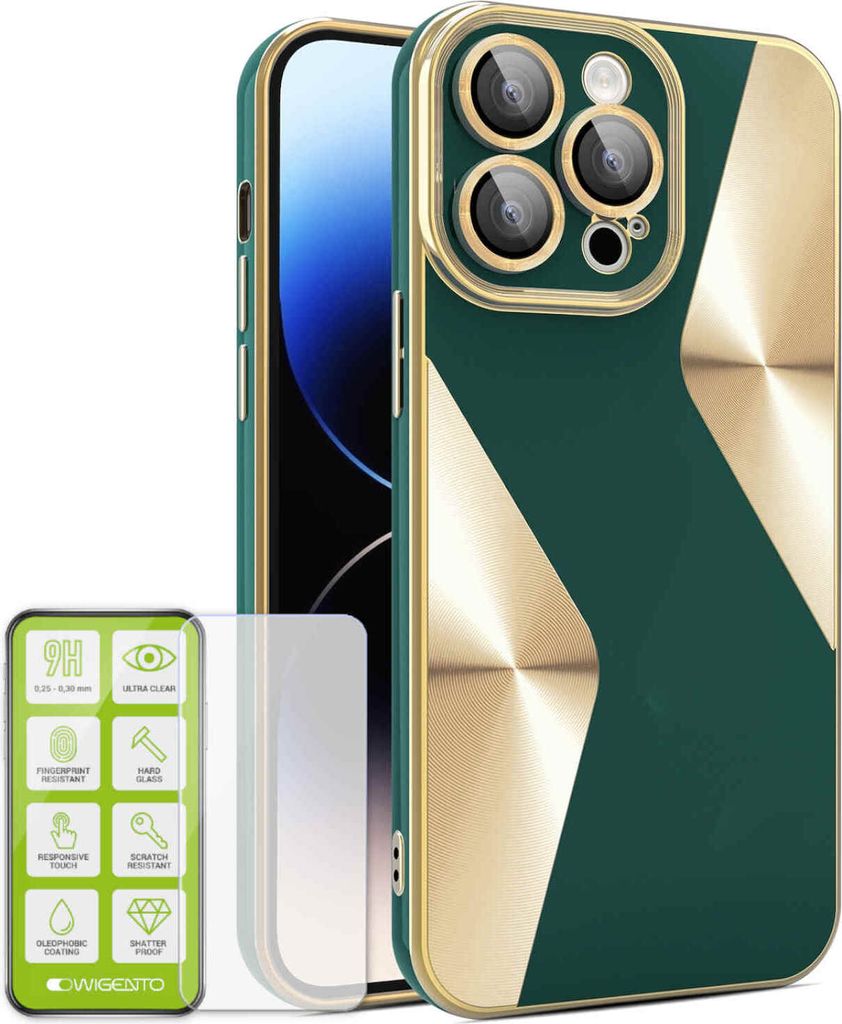 Für Apple iPhone 15 Pro Max Produktset Electroplated Silikon TPU + H9 Hart Glas Schutz Hülle Case Cover Etuis Zubehör Grün