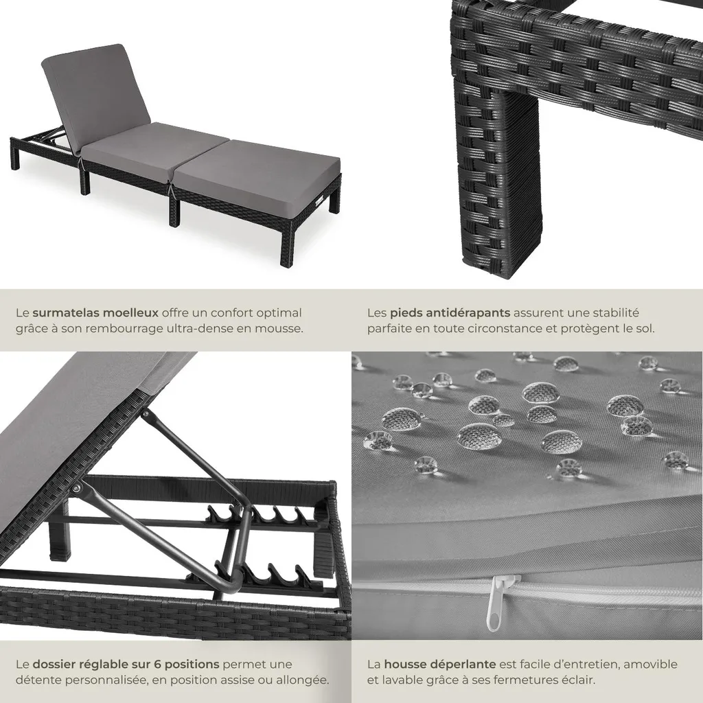 Bain de soleil 6 positions SOFIA en textilène noir haute résistance - 5
