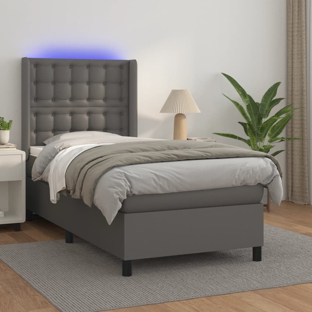 The Living Store Boxspringbett mit Matratze & LED Grau 90x190 cm Kunstleder