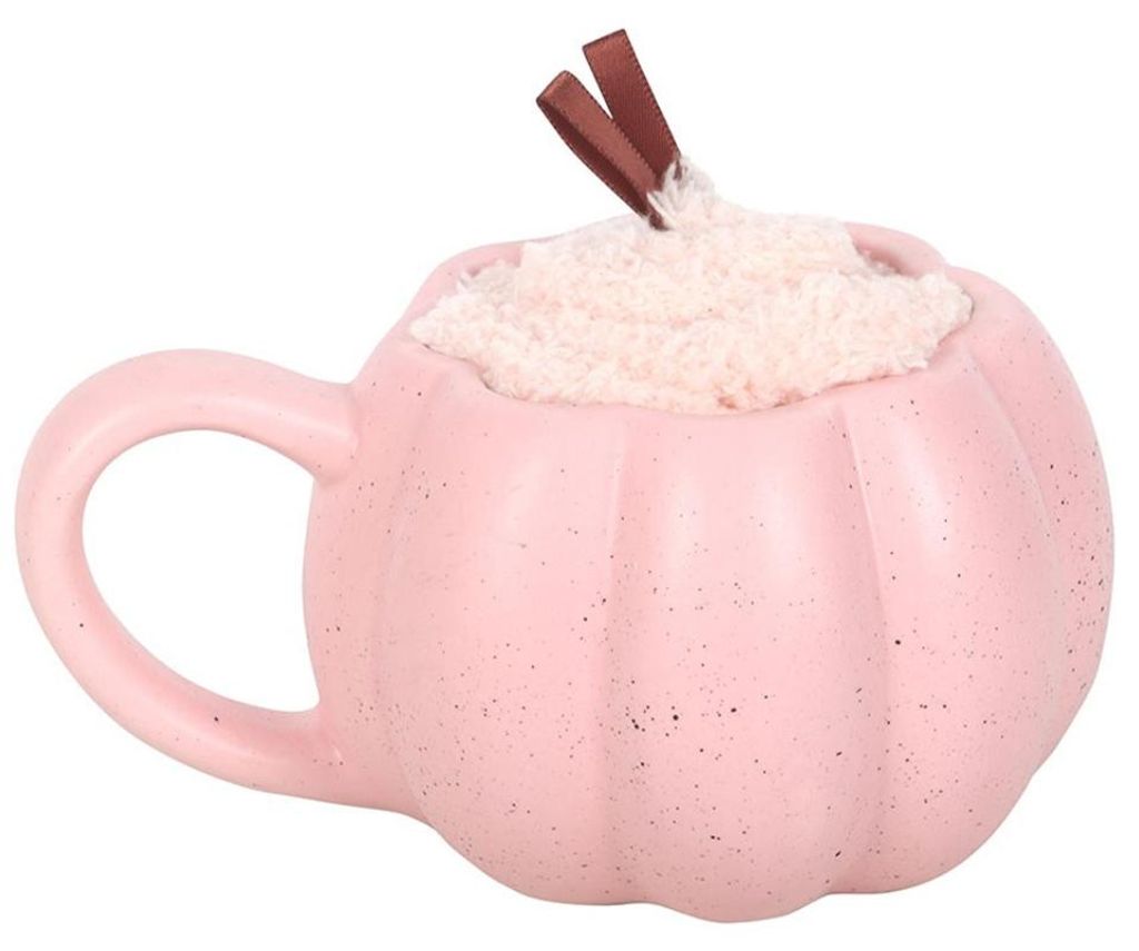 Rosa Kürbis Tasse & Socken Set – Halloween Geschenkset mit Keramik Tasse & Kuschelsocken – Cozy Autumn Homeware für Halloween Fans Herbst & W...
