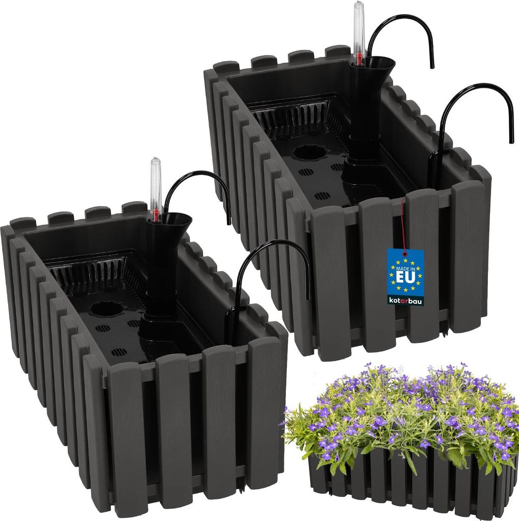 KOTARBAU 2er Set Blumenkasten Balkon Blumentopf Selbstbewässernd 38x18x16cm Grau Kunststoff Blumentopf Balkongeländer Bewässerungssystem Blume...