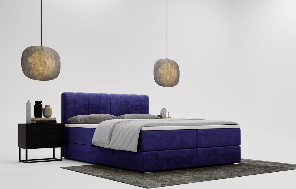 Boxspringbett mit Matratze 140x200 Forte - Doppelbett, Kontinentalbett, Schlafzimmerbett - Samtstoff & Bettkasten - Dunkelblau (Magic Velvet 2216)