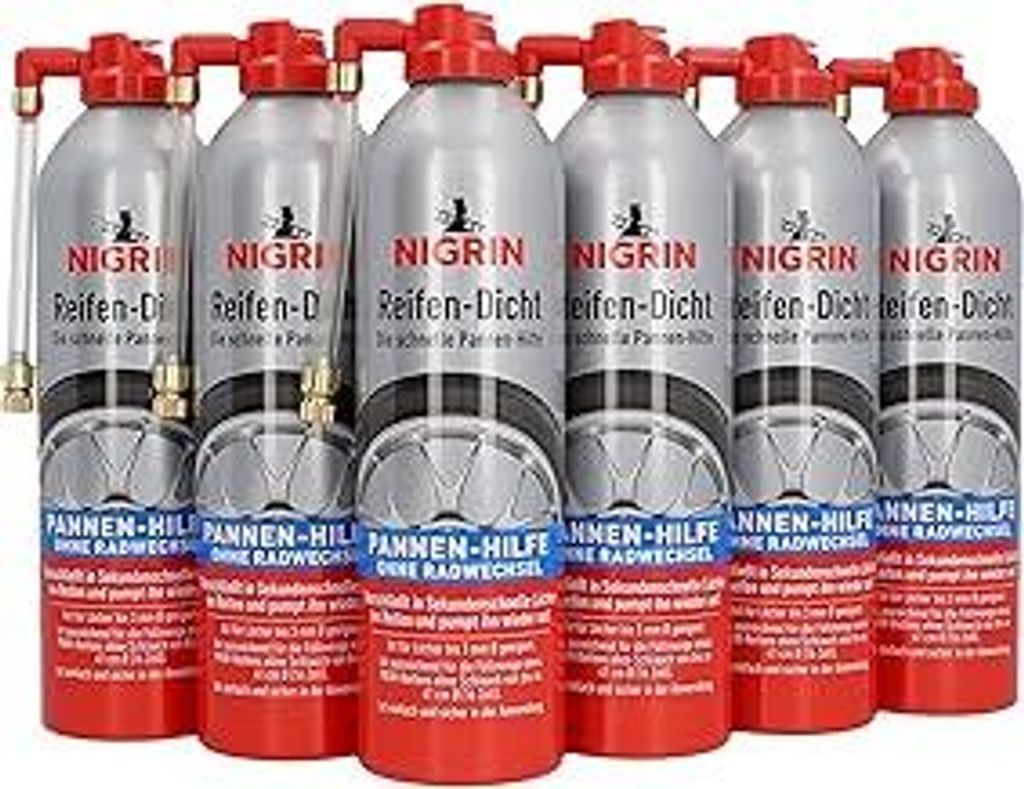 NIGRIN Reifendicht, 6 x 500 ml, sofortige Pannenhilfe, Reifendichtmittel repariert Löcher im Reifen im Handumdrehen ohne Montage