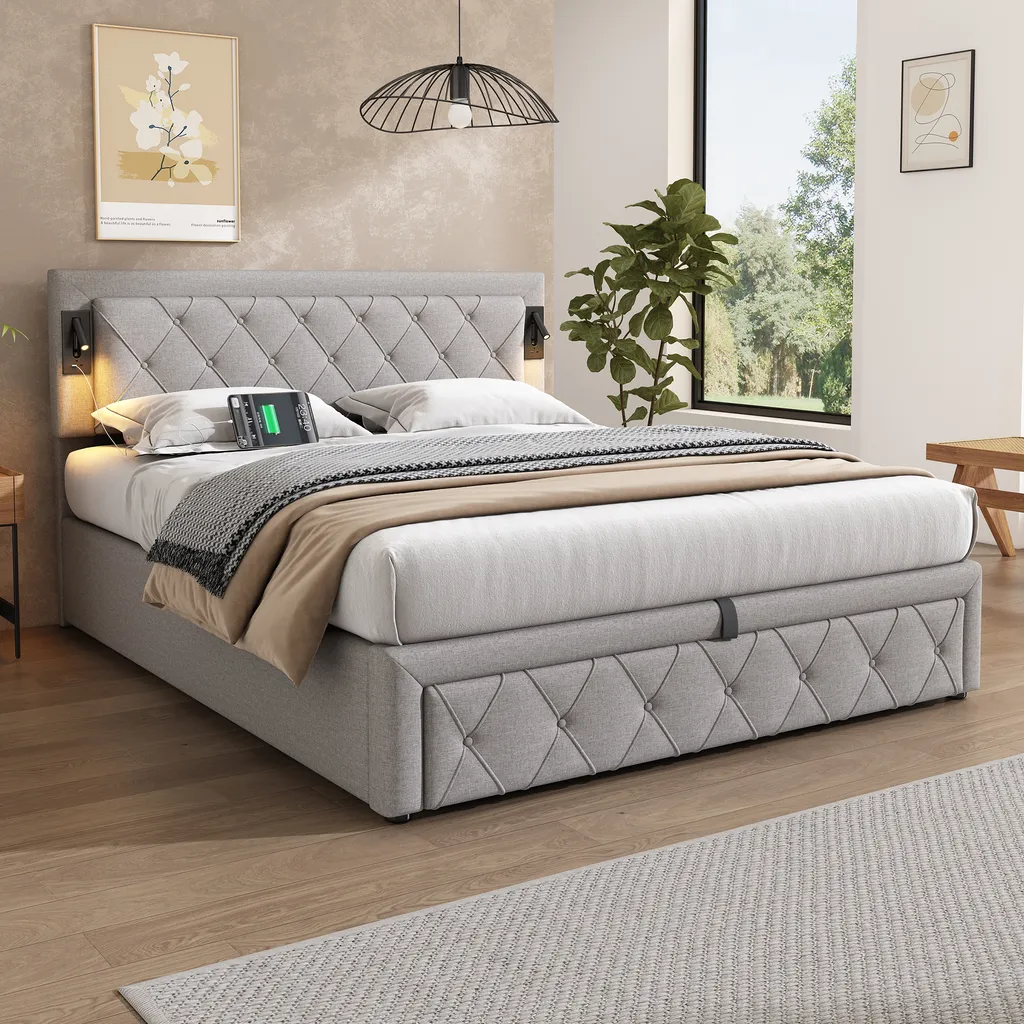 Lit ado 160x200 cm avec rangement hydraulique et chargeur USB intégré gris