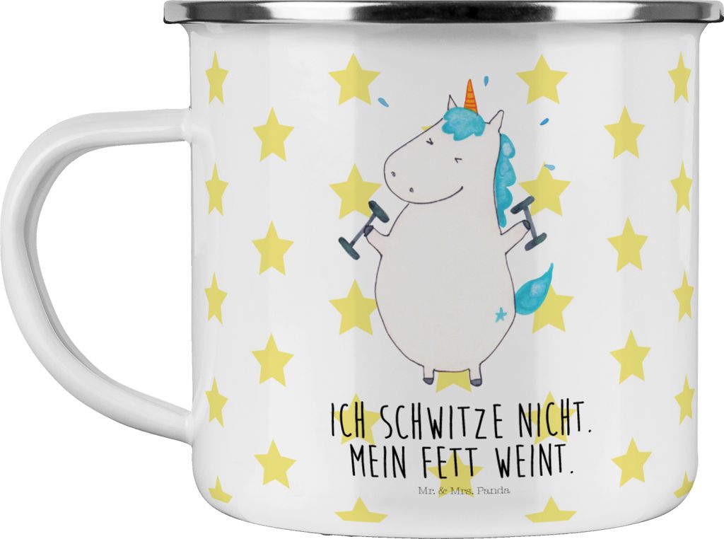 Mr. & Mrs. Panda Teetasse Einhorn Fitness - Weiß - Geschenk, Emaille Tasse, Pumpen, Gym, Fitnessstudio, Teebecher, becher, Sixpack, Haferl, Abnehm...