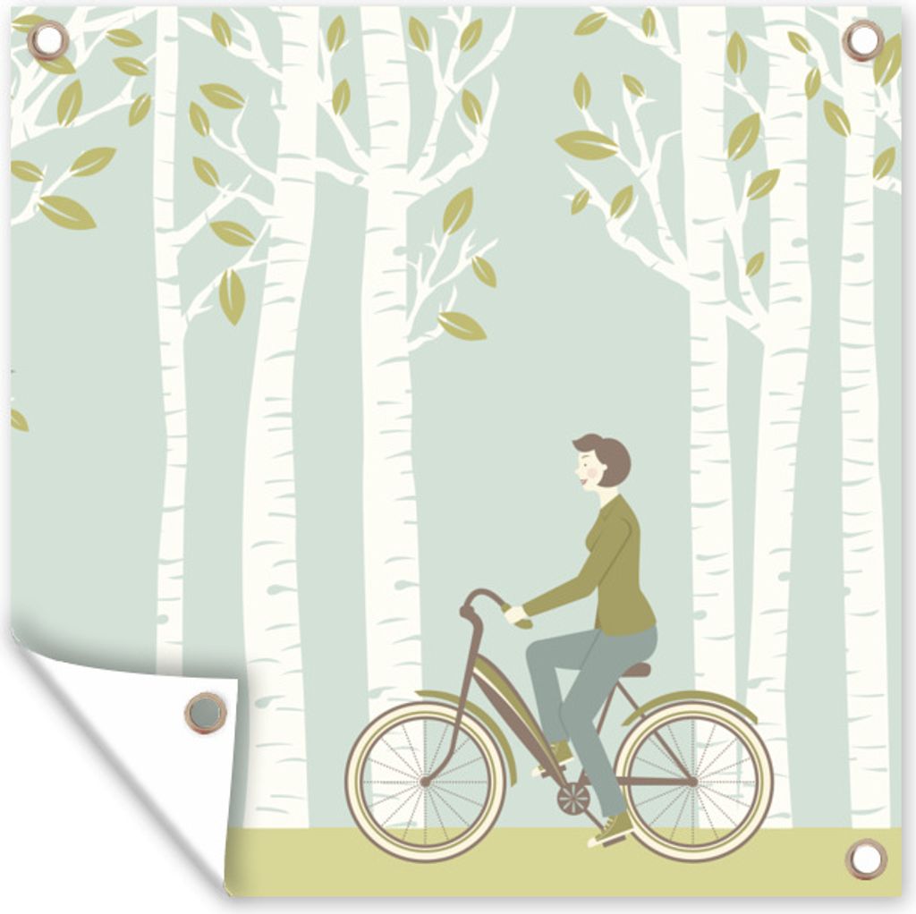 MuchoWow 100x100 cm Outdoor-Poster Gartendeko Sichtschutz Garten Poster für den Garten Illustration einer Frau, die mit dem Fahrrad vor einem Bi...