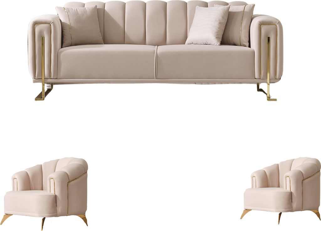 Villa Möbel Sofa Set Luven Farbe: Creme Stellvariante:3+1+1 mit Relax-/Bettfunktion durch umklappbare Rückenlehne