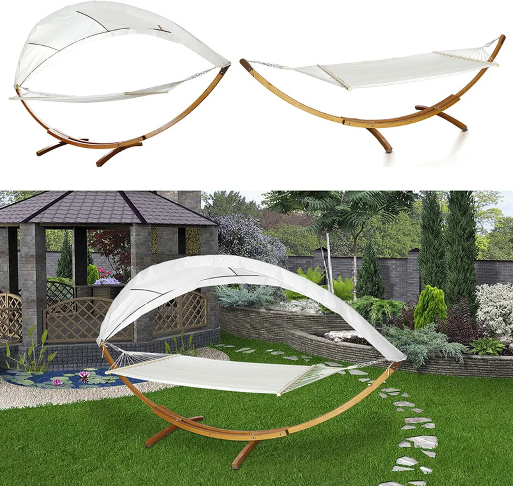 Chaise Longue de Jardin Suspendue avec Support Bois et Toit Pare-Soleil