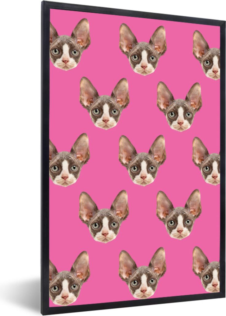 MuchoWow MuchoWow Gerahmtes Poster Katze - Rosa - Muster 40x60 cm - Poster mit zchwarzem Bilderrahmen - Papierdruck - Wandbilder