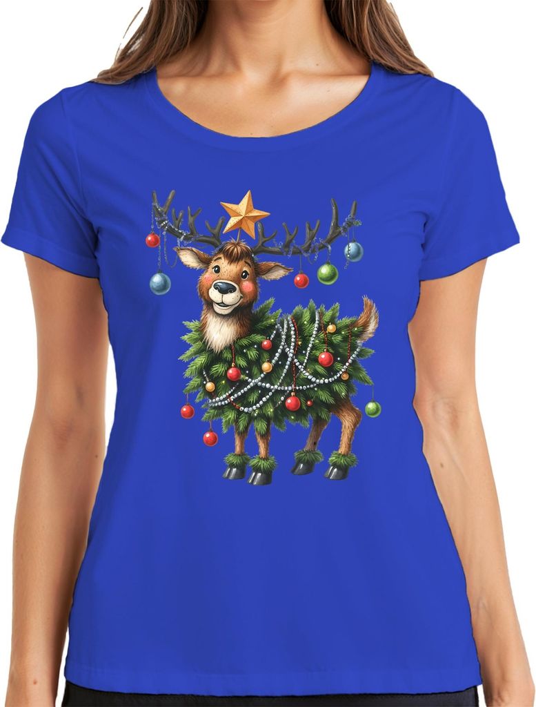Weihnachtsrentier Niedlich Lustig Weihnachtsbaum Kugeln Geschenk Damen T-Shirt, Blau, XL