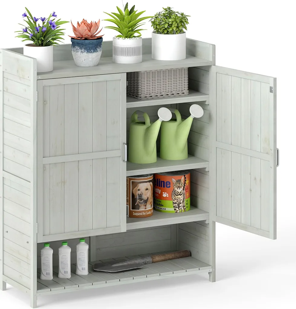 Table de travail de jardin grise pour rempotage avec rangement fermé
