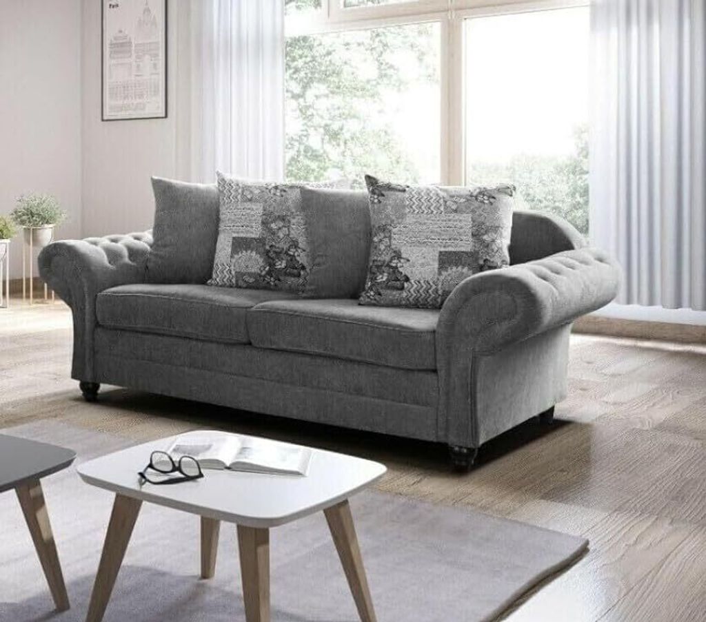 Easy4You Chesterfield Style 190 cm Grau 3-Sitzer-Sofa Sofas für Wohnzimmer Sofagarnituren Chesterfield 3-Sitzer Set Sofas & Couches
