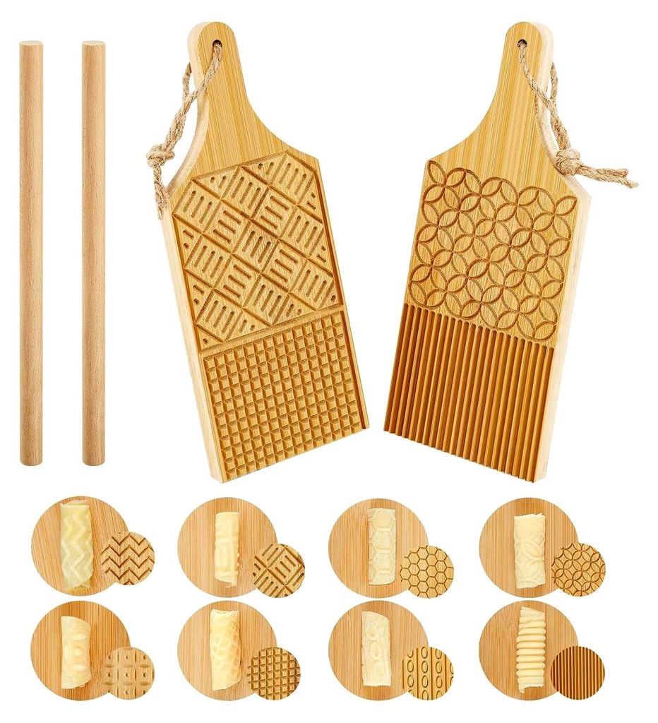 4-teiliges Set Holz Pasta Maker Gnocchi Brett mit Gnocchi Abzieher und Paddel für hausgemachte Pasta Garganelli Spaghetti Werkzeug für die Küche