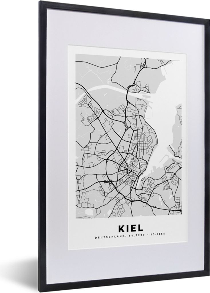 MuchoWow Gerahmtes Poster Stadtplan - Kiel - Karte - Deutschland 40x60 cm - Poster mit Schwarzem Bilderrahmen Wandposter Rahmen Foto Bilder - Pos...