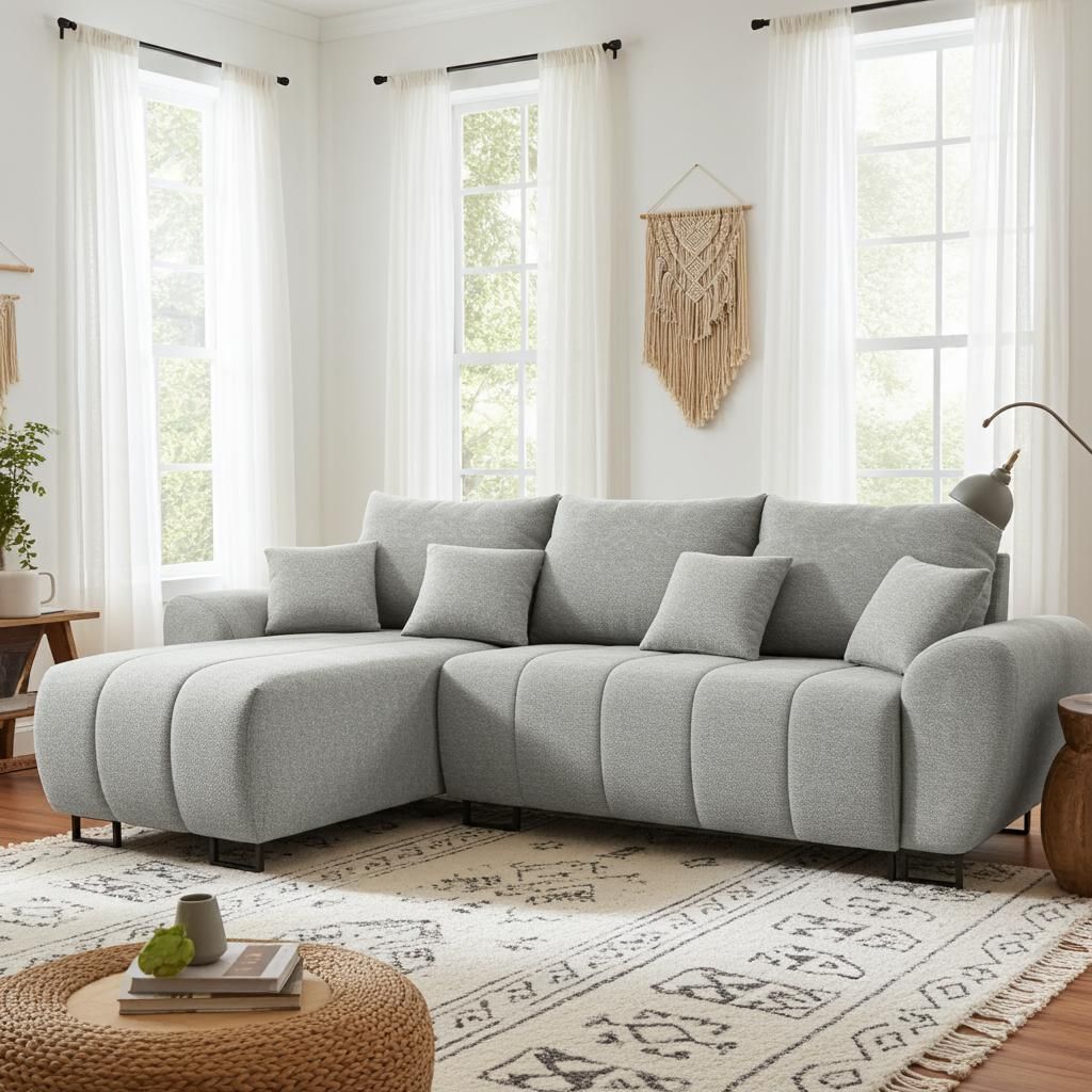 DMSM Ecksofa Ragnar L, Beige, Bouclé-Stoff, Modern, Schlaffunktion 130x240 cm, Wohnzimmer, 310x183x86 cm