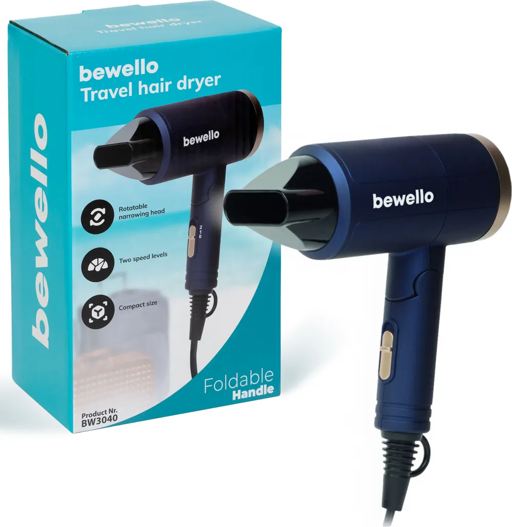 Bewello - Asciugacapelli compatto - asciugacapelli da viaggio - blu/oro - bocca rotante - leggero - 2 impostazioni di asciugatura